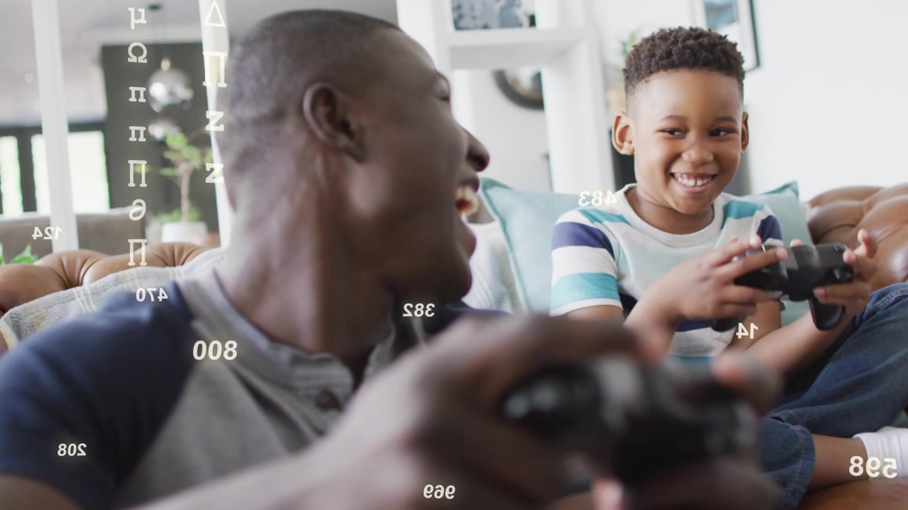 Dad pressing gamepad, laughing, turning to son as digits floating between them, sparking gaming fun
