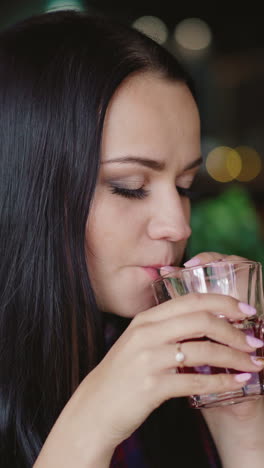 beautiful woman in a plaid shirt is drinking juice in the cafe on the background of the interior. vertical video