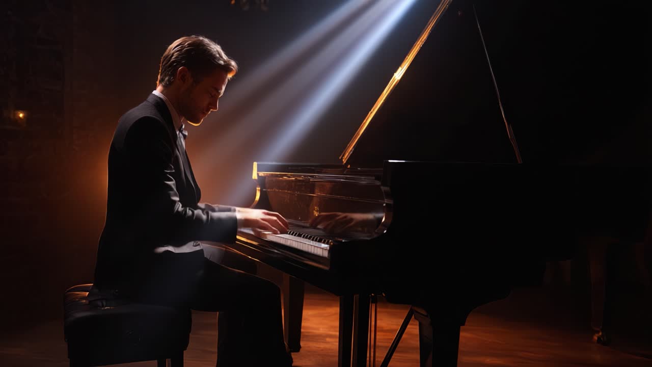 Elegantly Capturing the Essence of a Pianist in a Stunningly Lit Performance, Showcasing the Power of Music in a Soulful, Refined Atmosphere