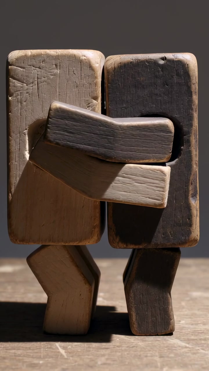 Vertical video: Coming from sides, light and dark wood figures locking arms on worn table, hugging