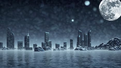 futuristic city at night on a frozen ocean