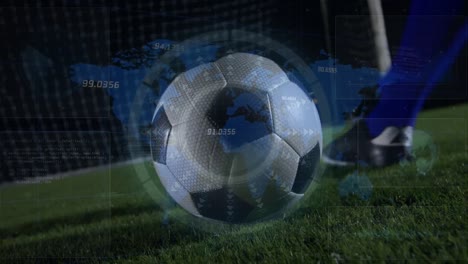 Animation-of-circle-and-map-over-low-section-of-soccer-player-kicking-towards-net-at-night