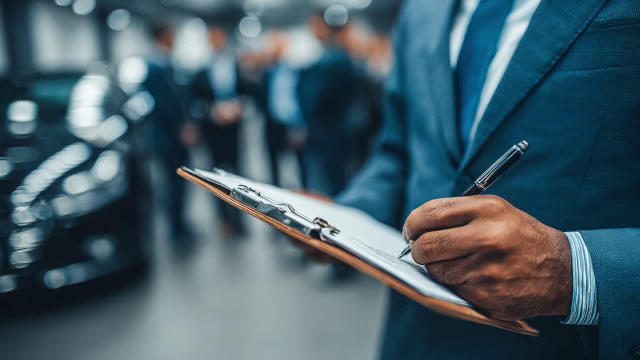 A Business Professional Analyzing Data and Taking Notes in a Corporate Environment with Colleagues in the Background, Emphasizing Teamwork and Strategic Planning