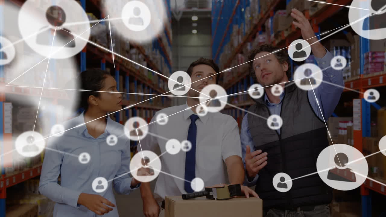 анимация сети соединений между различными работниками на складе