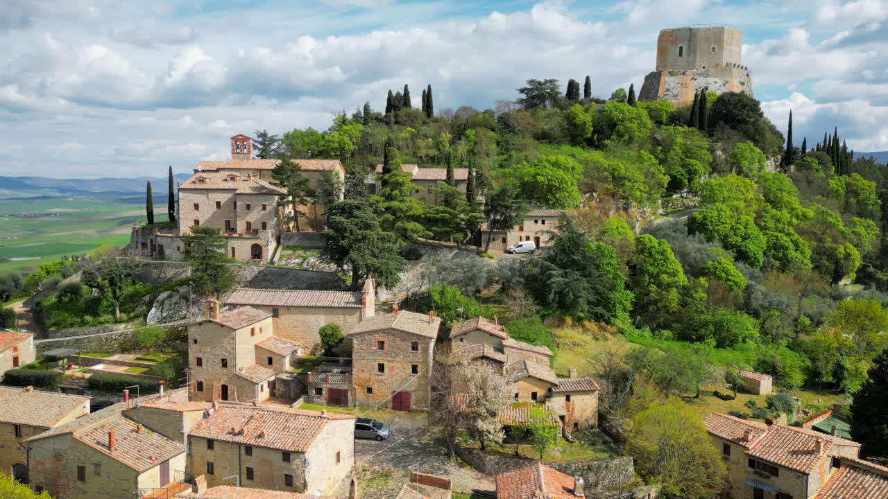 Aerial drone view of the Rocca d'Orcia village in Tuscany, central Italy