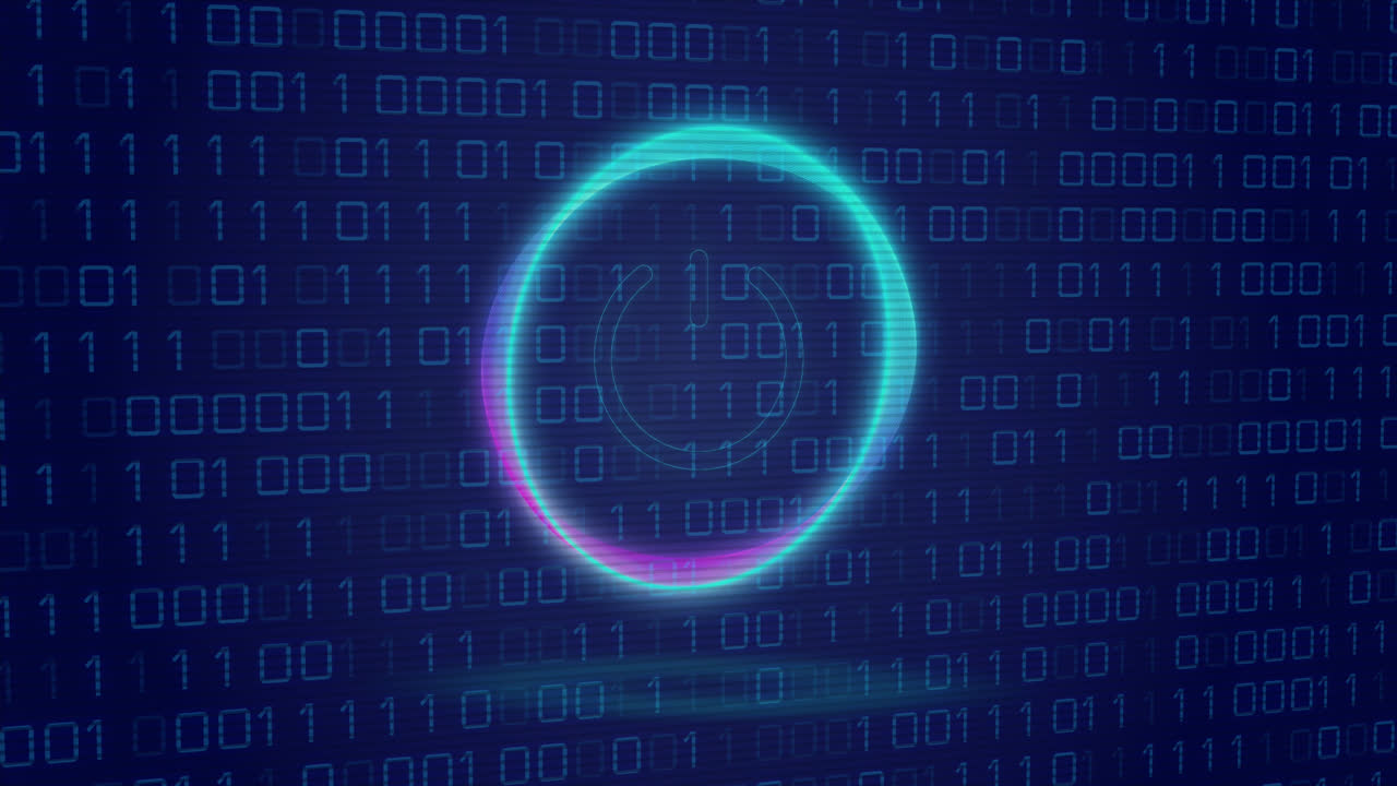 Animation of neon circle with power over binary code on digital screen