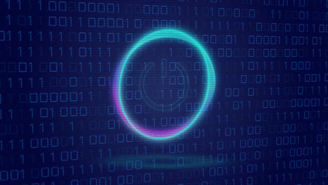 animation of neon circle with power over binary code on digital screen