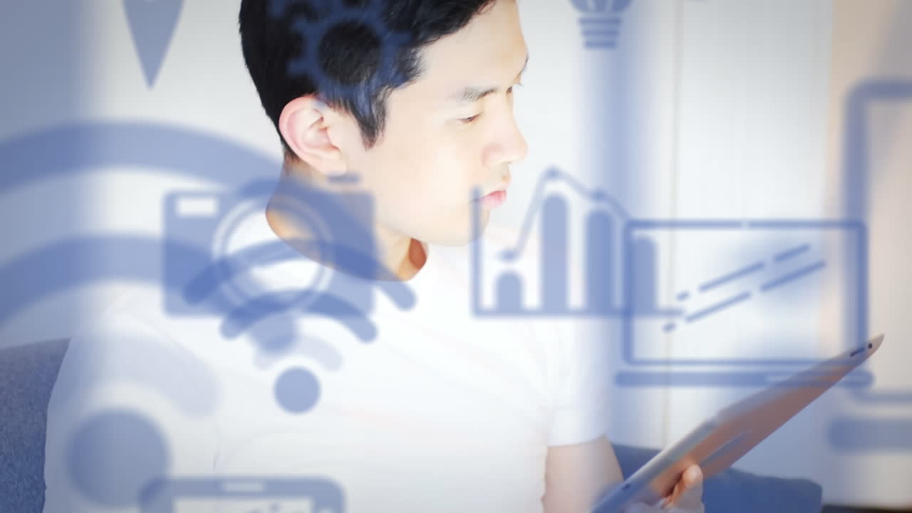 디지털 아이콘이 디지털 태블릿과 스마트 폰을 사용하여 사람에 대해 움직입니다.