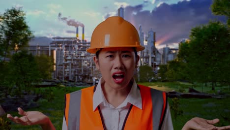 close up of wondering asian female engineer with safety helmet saying why working doubtfully in front of oil refinery