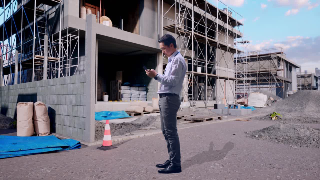 Full Body Side View Of An Asian Male Professional Worker Standing With His phone At Construction Site in Progress to New House, Working Continuously With His phone