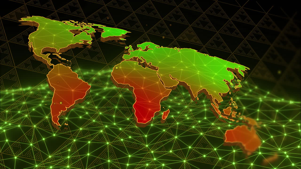 세계 지도에서 네트워크 연결 및 데이터 처리 애니메이션