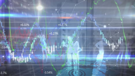 animación del procesamiento de datos y la gente de negocios sobre el paisaje urbano