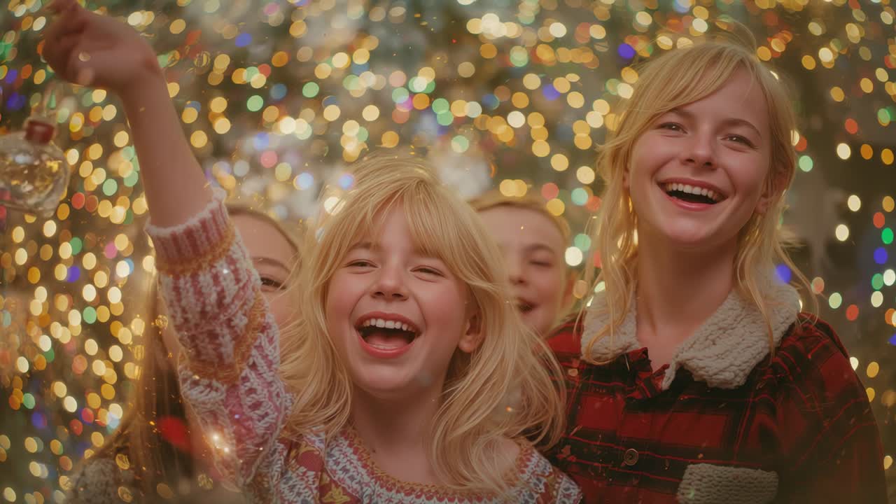 Swinging clear bauble, three sisters leaning in room against blurred holiday lights, smiling