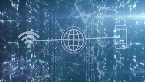 Animation of digital symbols over futuristic network and data processing background
