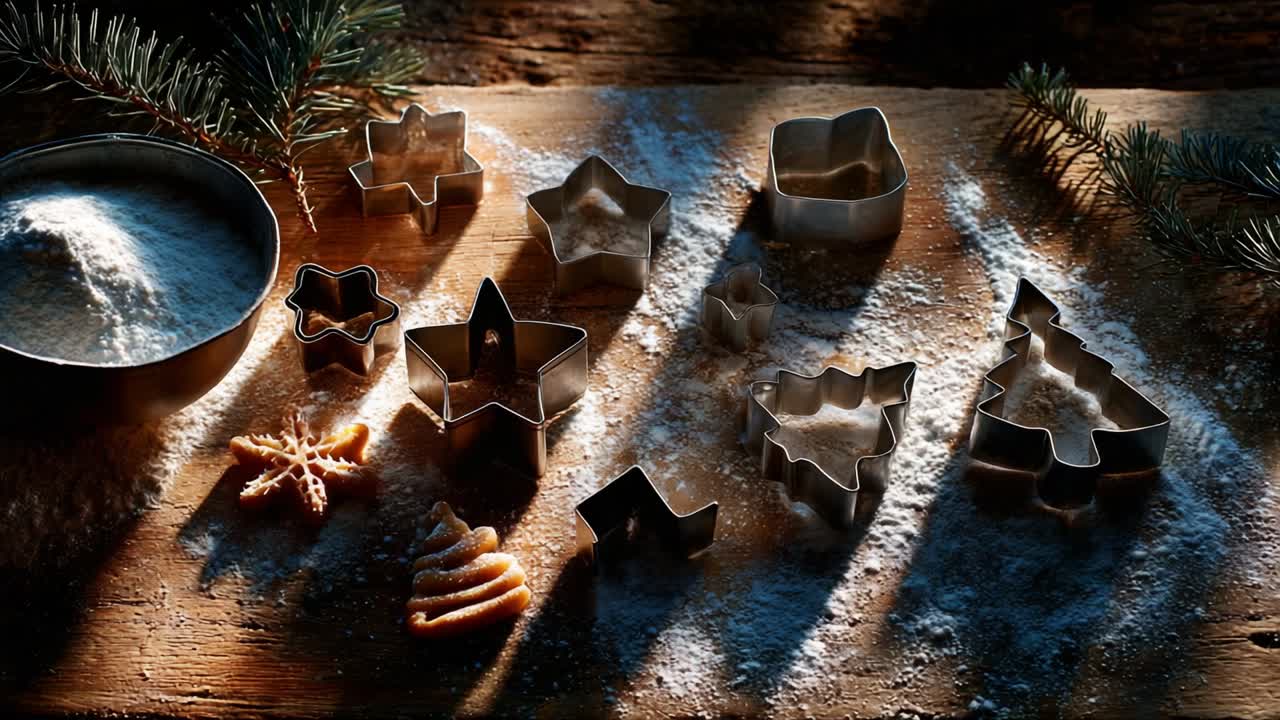 Artisan Baking Preparations for Festive Season: A Captivating Display of Cookie Cutters and Sugar on Rustic Wooden Table with Pine Foliage, Creating a Warm Holiday Atmosphere of Creativity and Culinary Delight