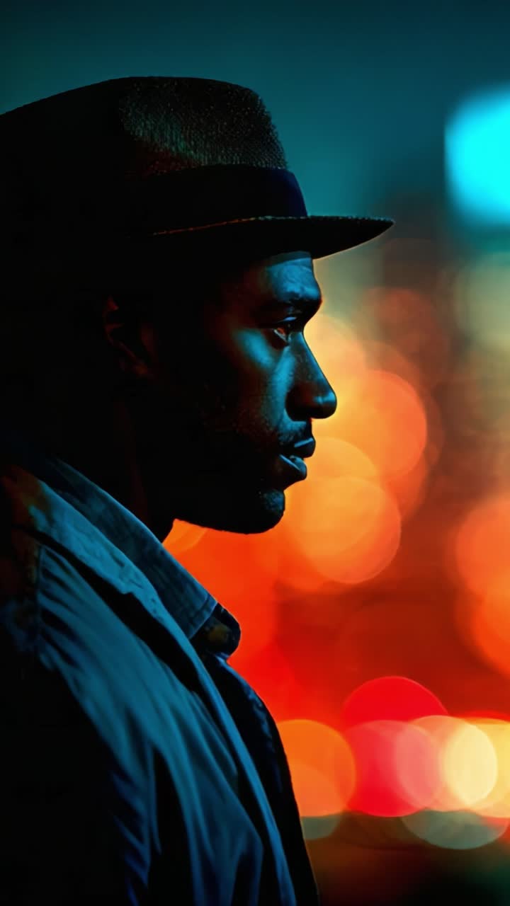 Silueta muže v klobouku na barevném bokeh pozadí: Filmové zkoumání postavy a emocí