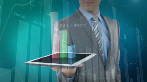 animation of financial data processing over businessman using tablet