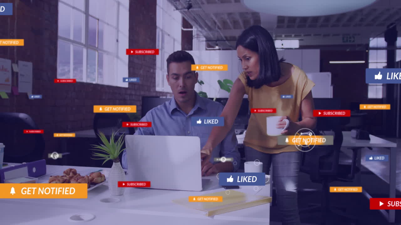 Animation of social media data processing over diverse business people in office