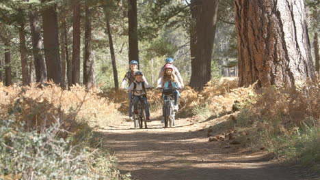 Family-riding-bikes-through-a-forest,-slow-motion-front-view