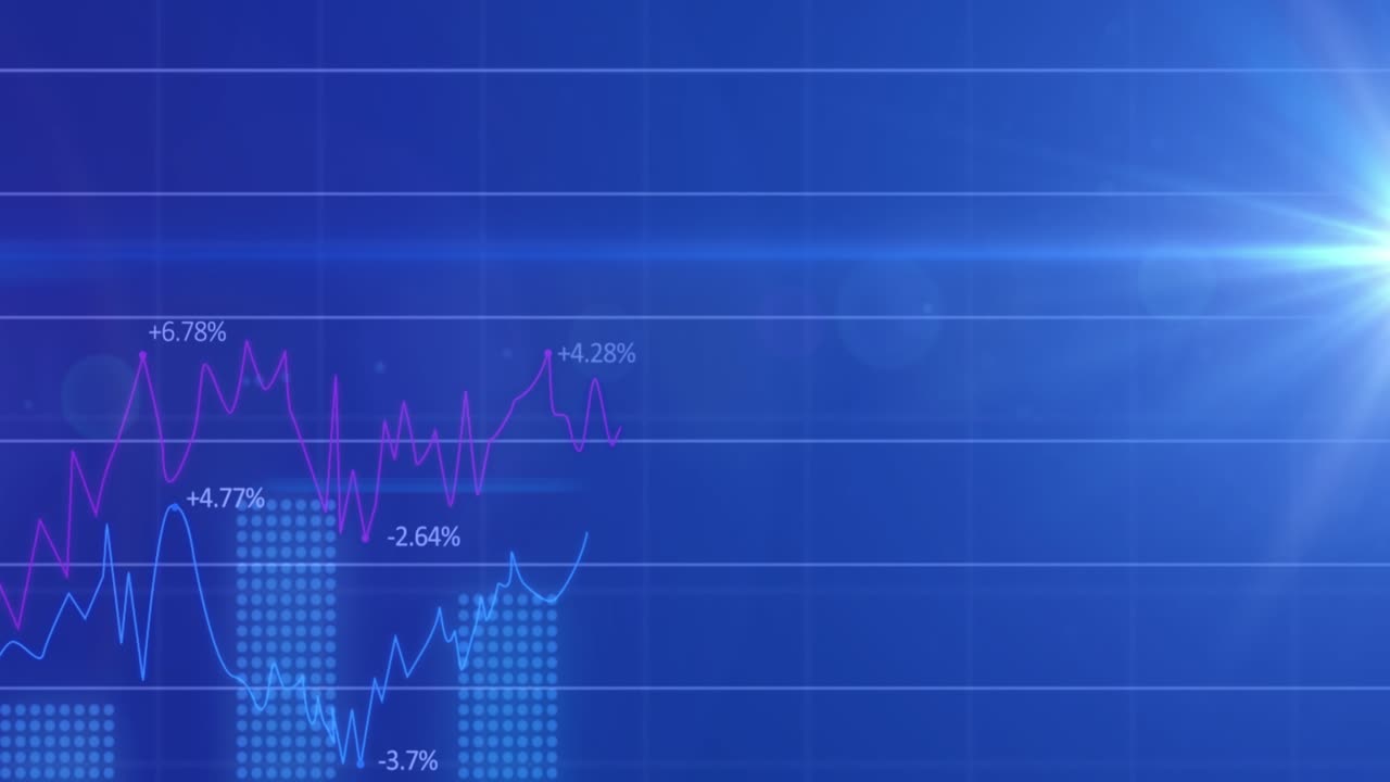 Animation of financial data processing over blue background