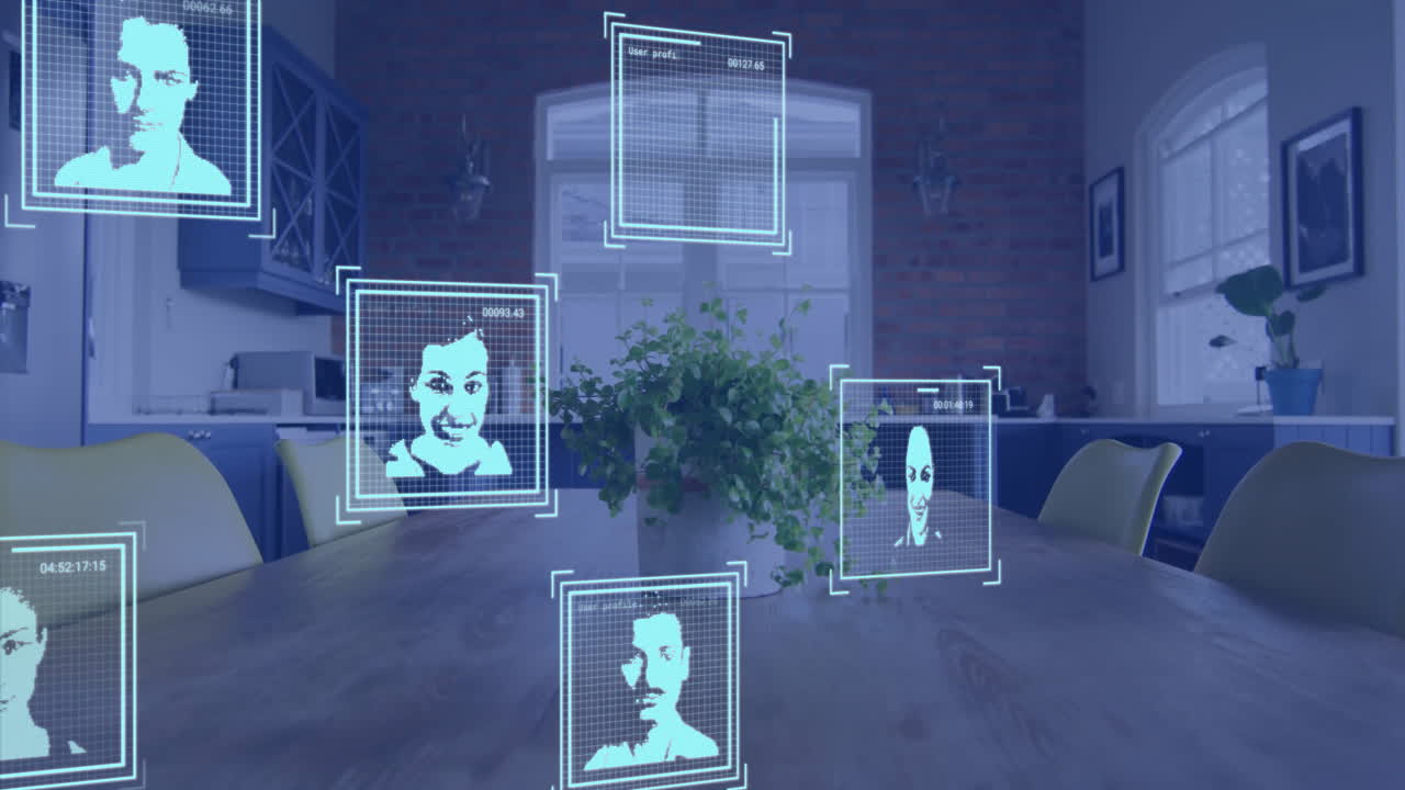 Facial recognition animation over modern office with plant on wooden table