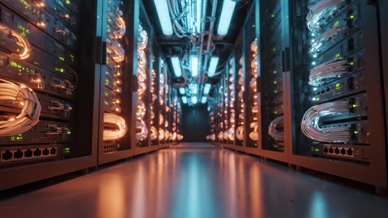 A Futuristic Data Center Interior Featuring Rows of High-Tech Server Racks with Illuminated Cables and Cooling Systems in a Cutting-Edge Technology Setup
