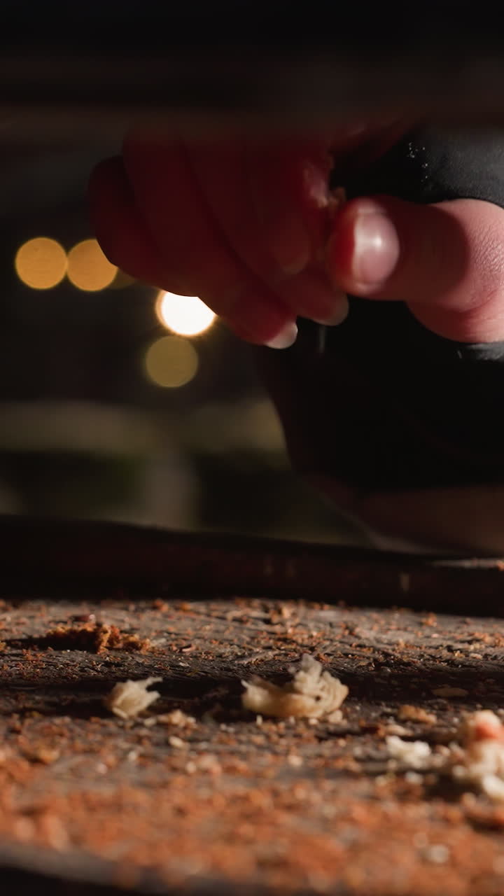 vista parcial de primer plano de la mano dejando caer alimento para las aves dentro de la casa de pájaros de madera con partículas de alimento en el suelo, vida silvestre al aire libre alimentándose por la noche en el parque de invierno con luces bokeh borrosas