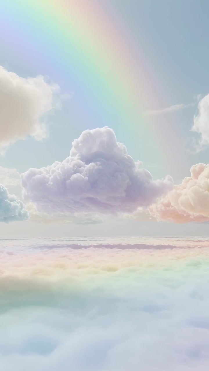 縦型動画：パステルカラーの雲層の上で日光が動き、中央の積乱雲が形を成し、虹の弧が見える