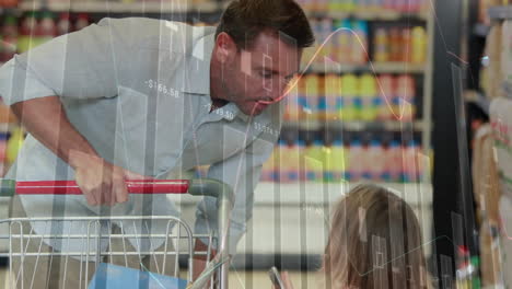 animation of financial data processing over caucasian father with daughter grocery shopping