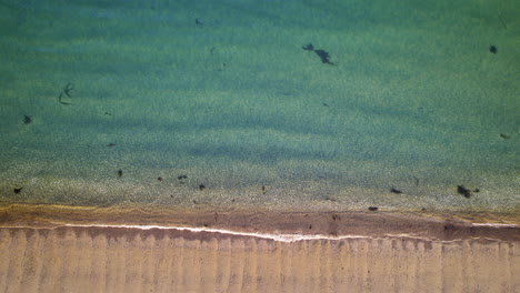 vista aérea de arriba hacia abajo del agua de mar azul cristalino sobre la playa de arena dorada al atardecer