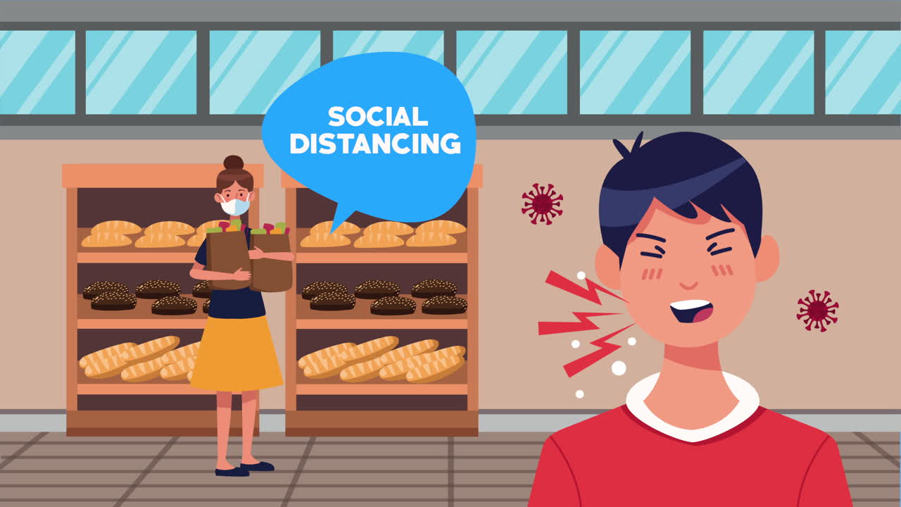 슈퍼마켓의 여성 고객과 남성과 함께 사회적 거리 두기 캠페인