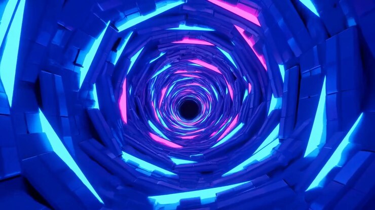 Túnel de vórtice neon com luzes giratórias, estilhaços luminosos azuis e rosas vibrantes espiralando para dentro, criando um efeito hipnótico.