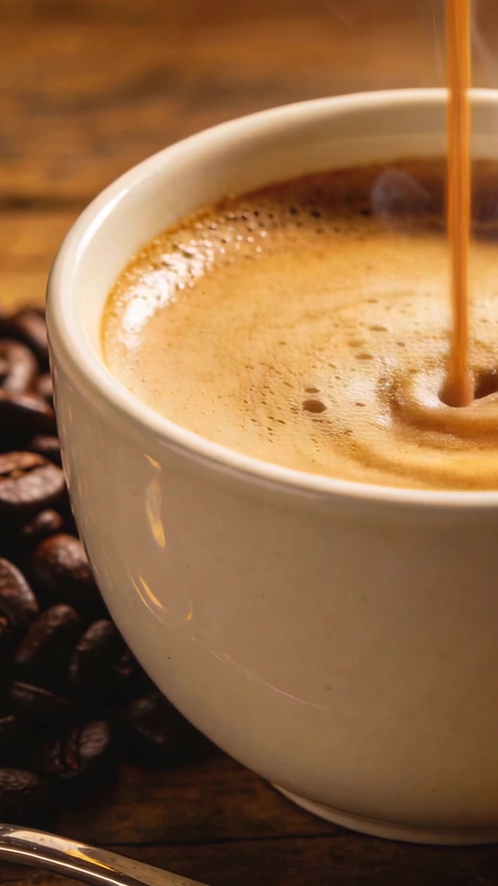 Video verticale: Rilasciando vapore dopo la versata, tazza bianca con increspatura di crema sul tavolo, cucchiaio di chicchi.