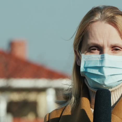 woman reporter in protective mask speaks into microphone