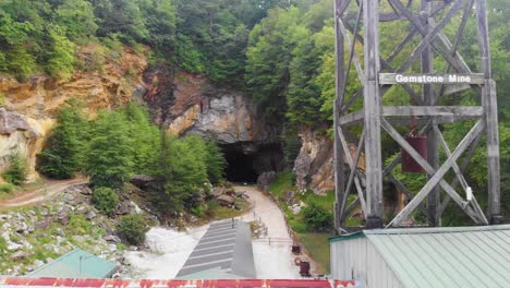 4K-Drone-Video-of-Gemstone-Mine-at-Emerald-Village-near-Little-Switzerland,-NC-on-Summer-Day