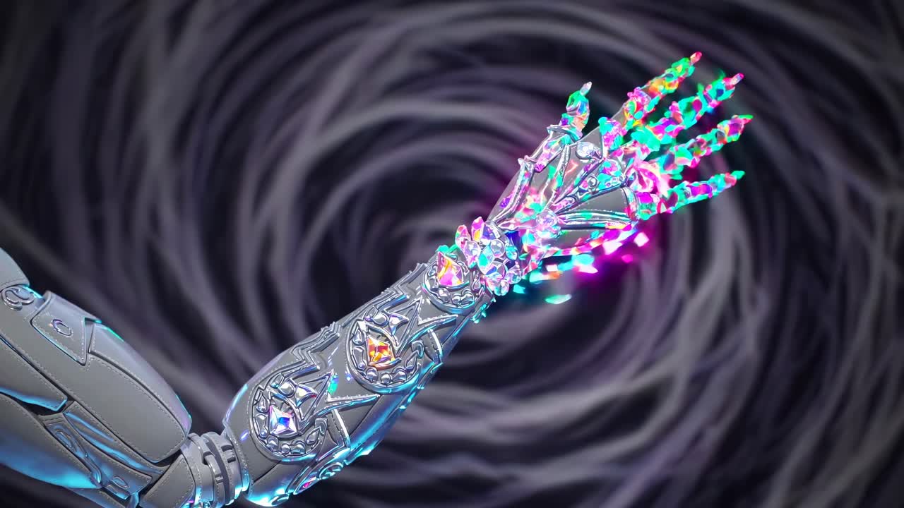 Tangan robot futuristik dengan lampu neon