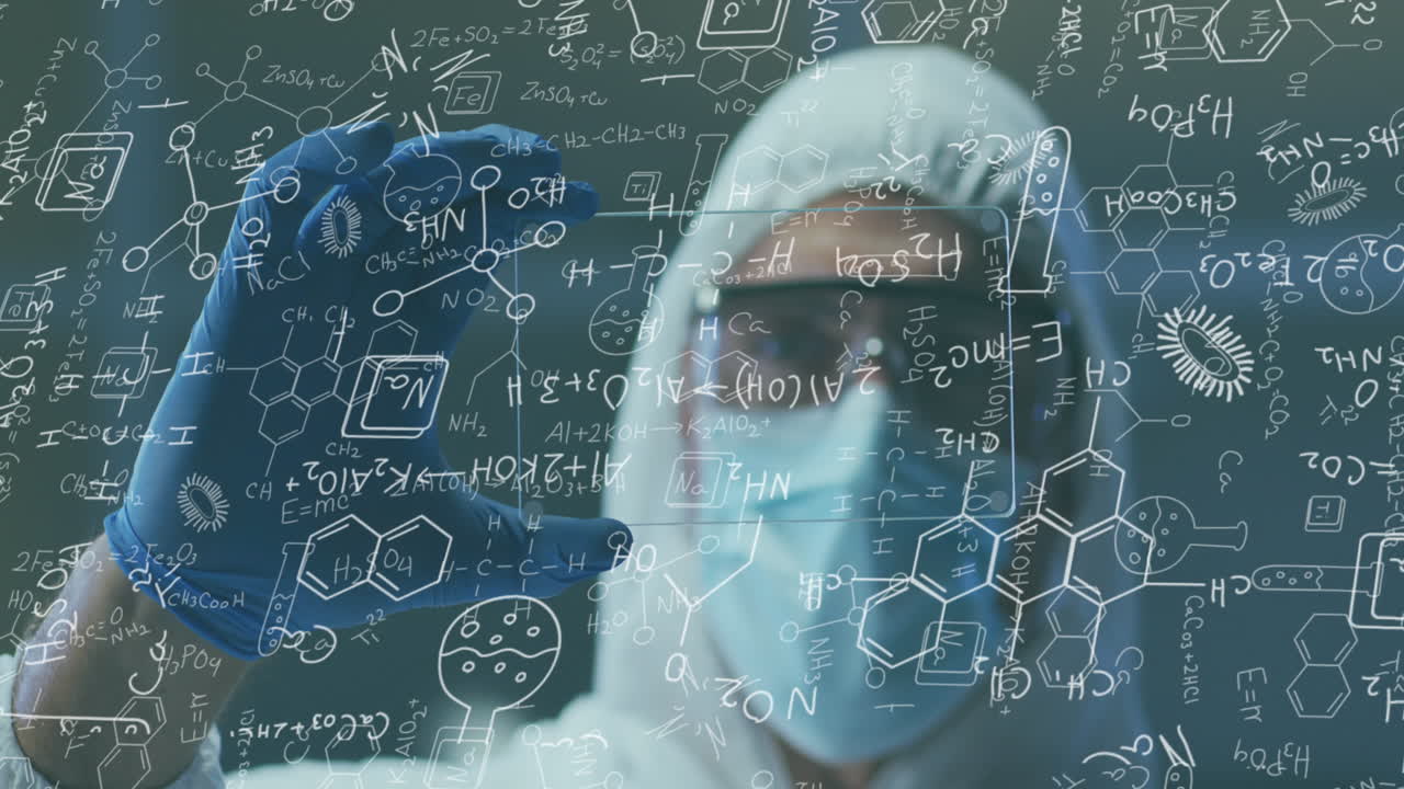 얼굴 마스크와 ppe 복장을 입은 백인 남성의 의료 데이터 처리의 애니메이션