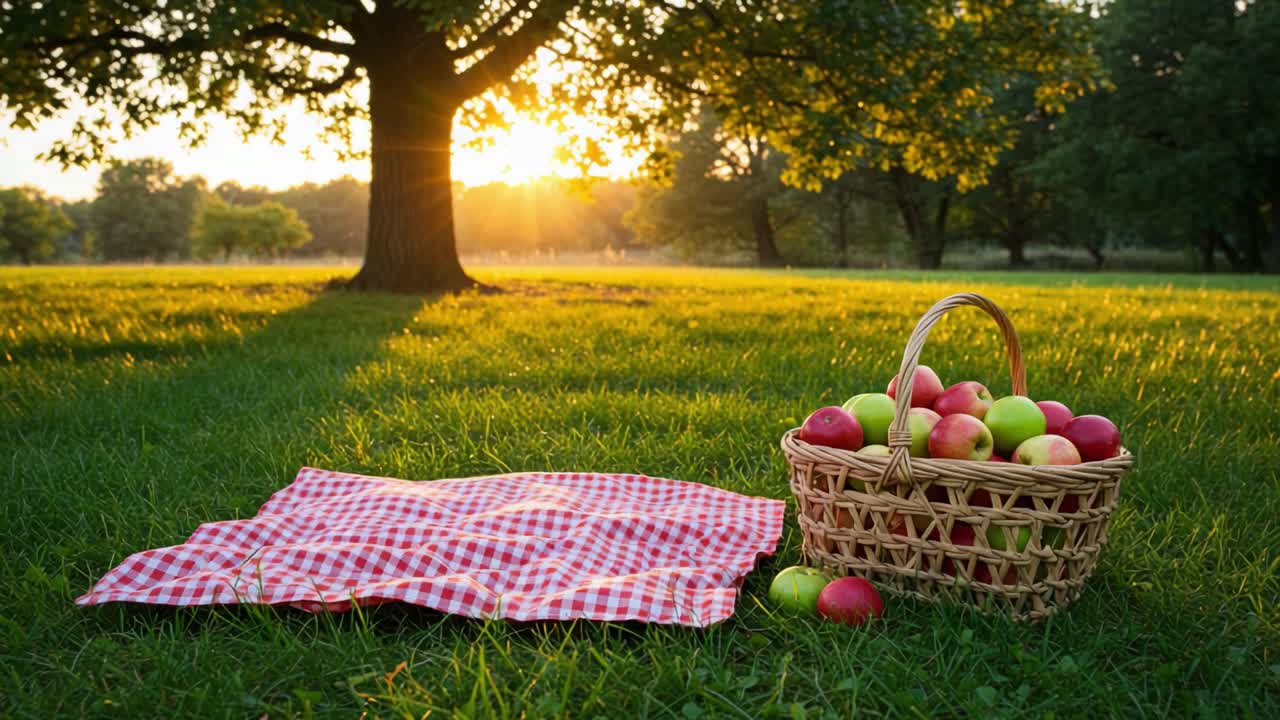 Picnic basket with apples on a blanket in a park at sunset