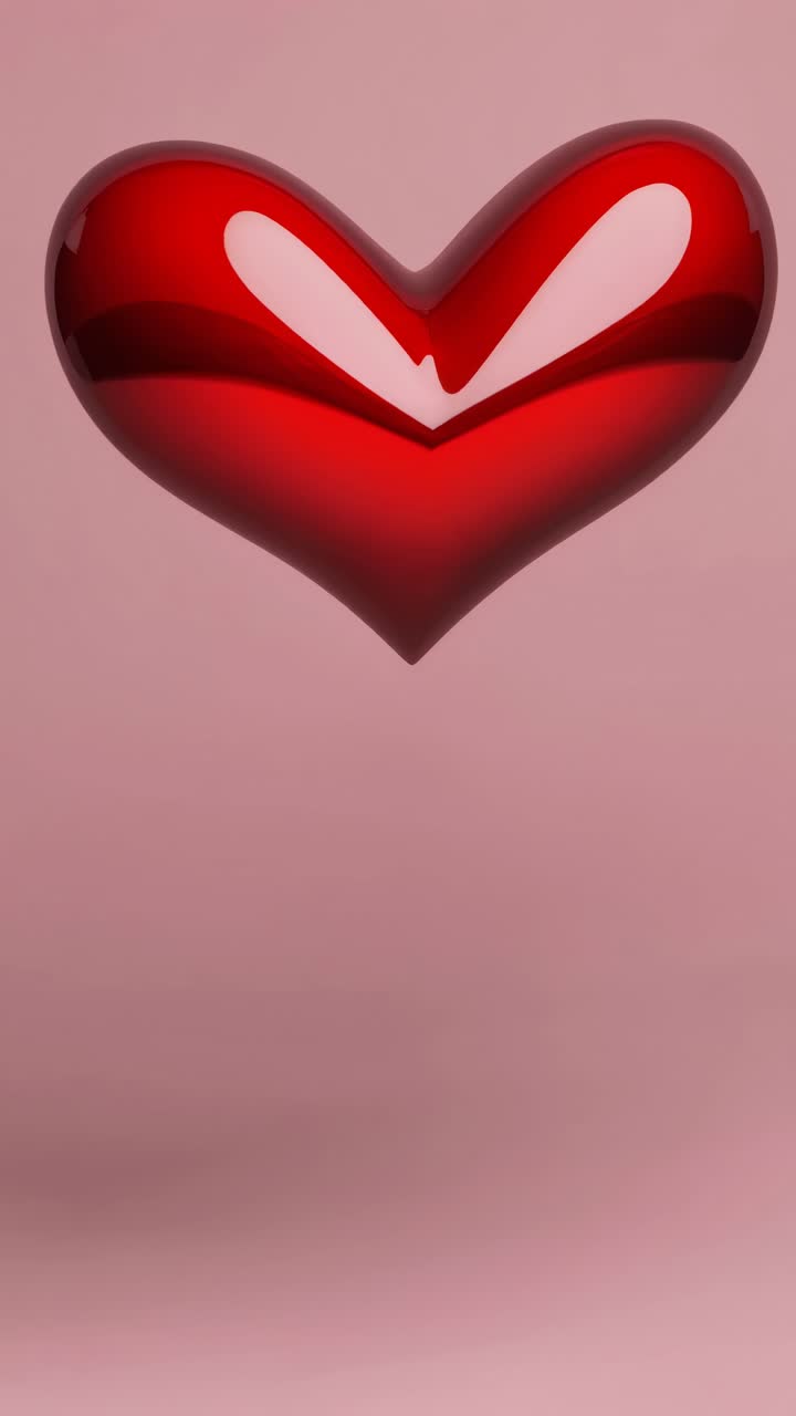 A glossy red heart floats against a soft pink background, captured from a low-angle
