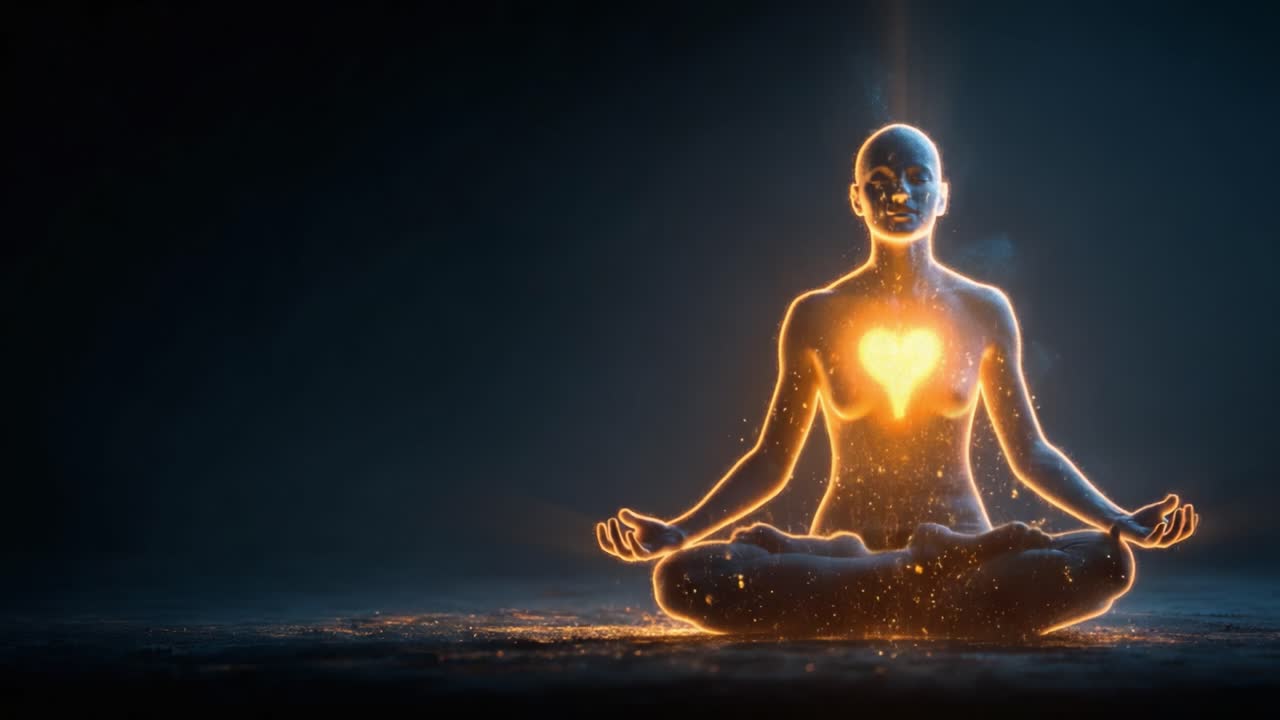 Una figura luminosa siede in meditazione, irradiando un cuore splendente al suo centro, simboleggiando pace interiore, tranquillità e la scintilla di vita che ci connette tutti