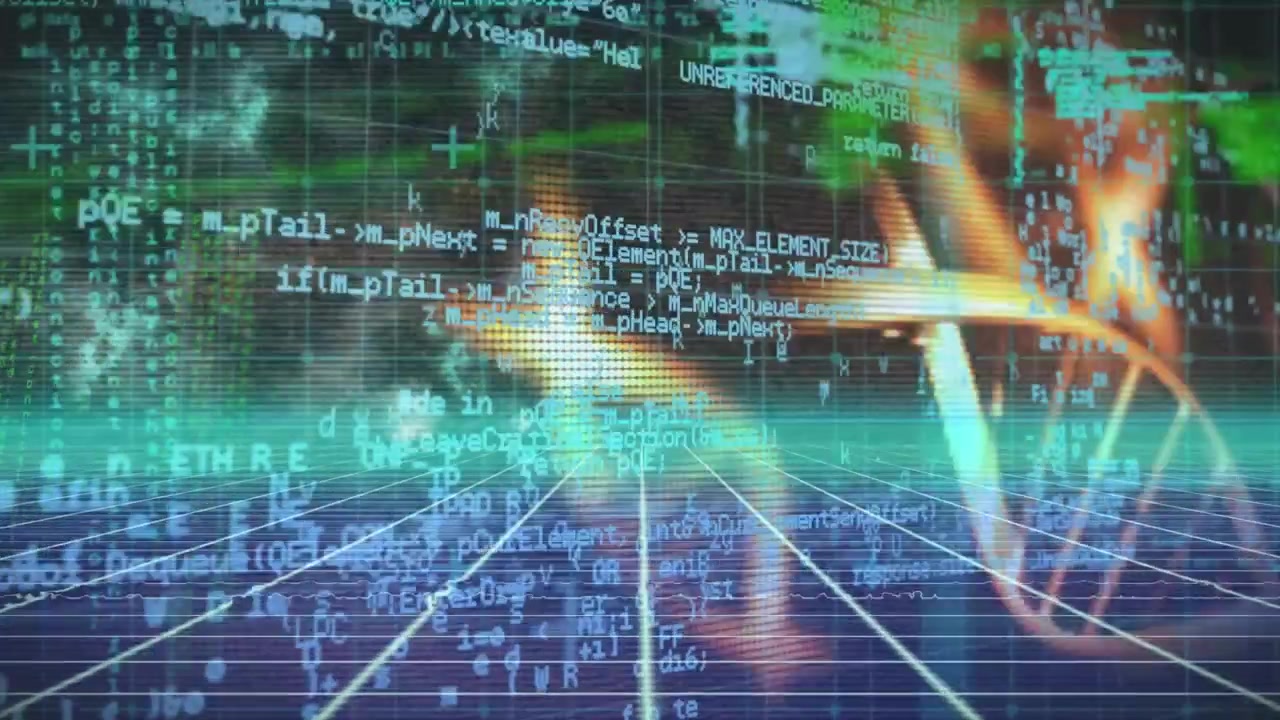 Animation of data processing and spinning dna structures over blue grid network on black background