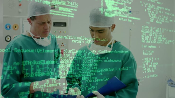 Animation of data processing over two male caucasian male surgeons discussing at hospital