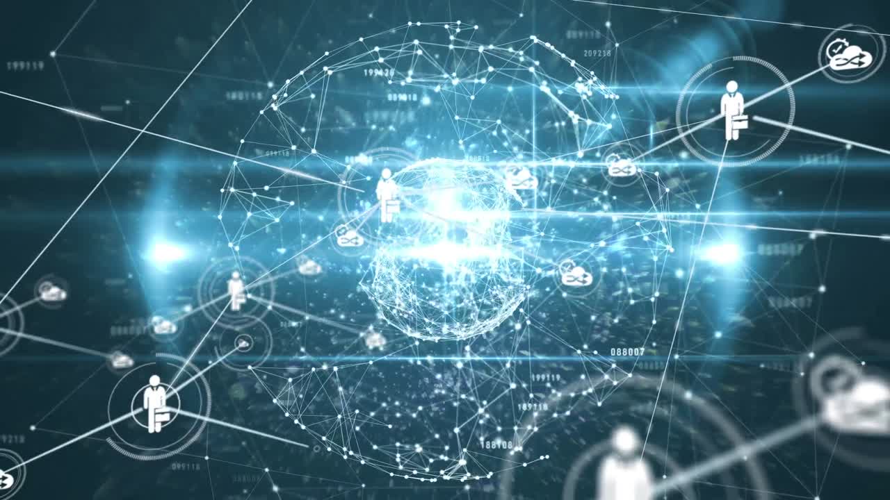 빛나는 반점이 있는 전 세계에 있는 사람들과의 연결 네트워크의 애니메이션 아이콘