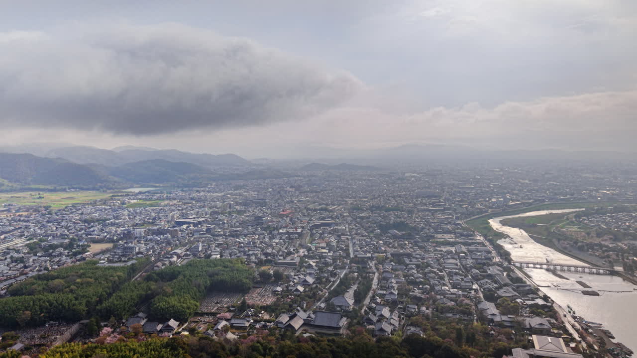 Aerial drone view of the Arashiyama district in Kyoto Japan on a cloudy day