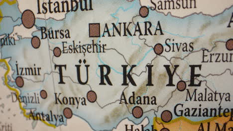Close-up of a map of Turkey showing major cities