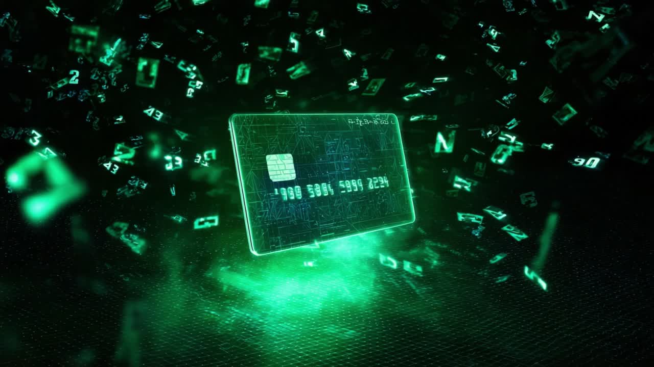 Luminous green digital credit card floating in a dark cyberspace environment, surrounded by a stream of glowing green numbers symbolizing financial data transactions and online security