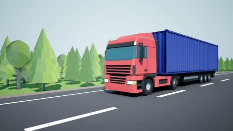 front view camera follows euro semi truck with 40 foot container loaded on cargo trailer and driving on highway. low poly graphics.