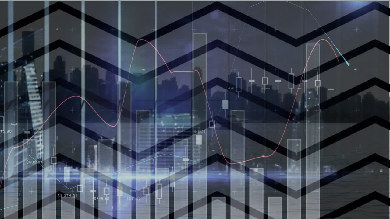 animación del procesamiento de datos financieros sobre el paisaje urbano