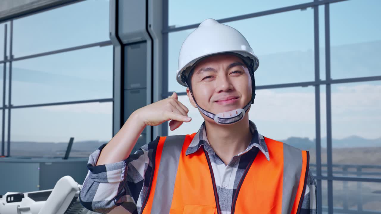 엔지니어가 전화 제스처를 하고 있습니다.