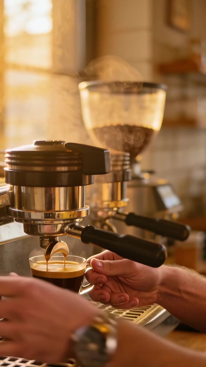 Video verticale: Erogazione del caffè dalla testina del gruppo, barista che tiene la tazza sulla bilancia per raccogliere la crema al bar, orologio.